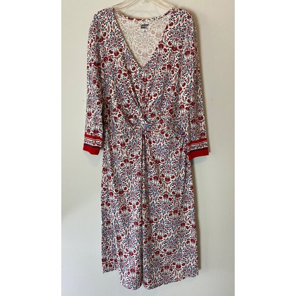 Lands End Dress V-Neck Long Sleeve Red & Blue Floral Pattern Medium - Picture 1 of 10